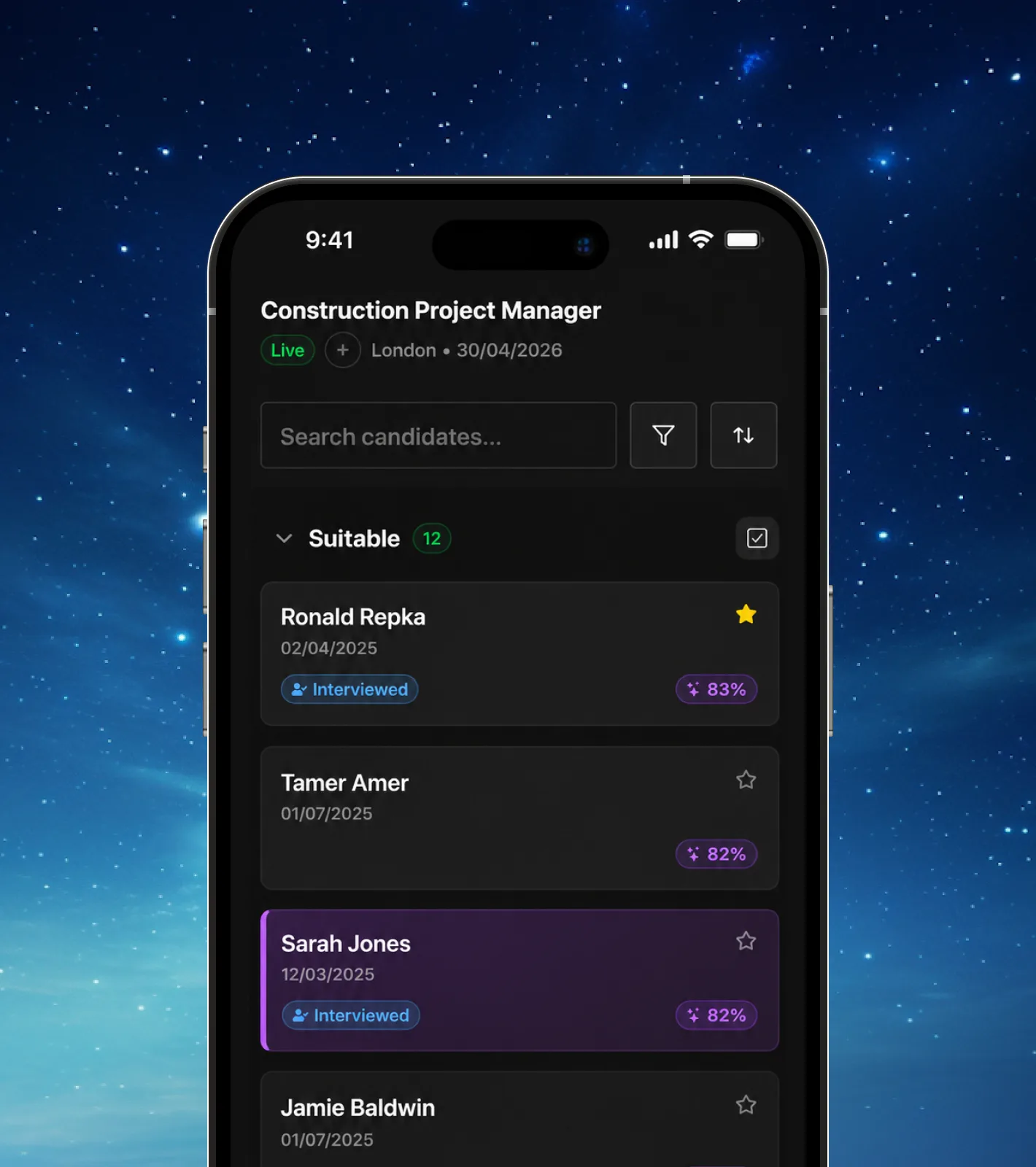 The Alfa app showing a shortlist of suitable candidates for a live job
