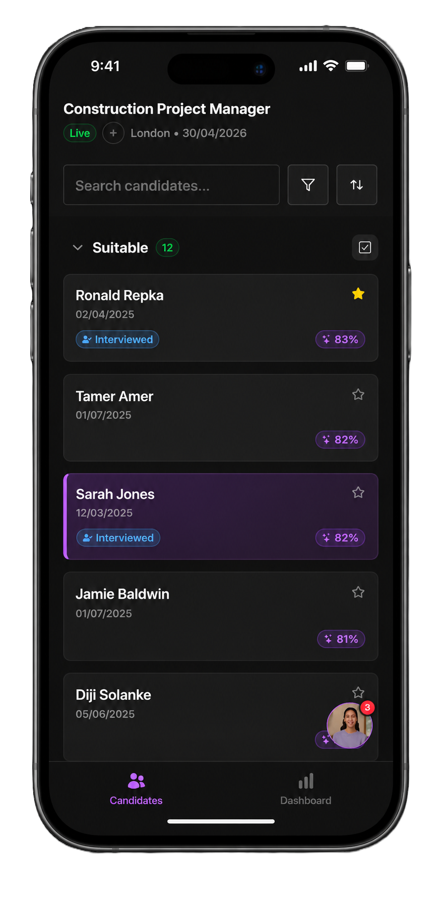 The Alfa AI recruiter app running on an iPhone